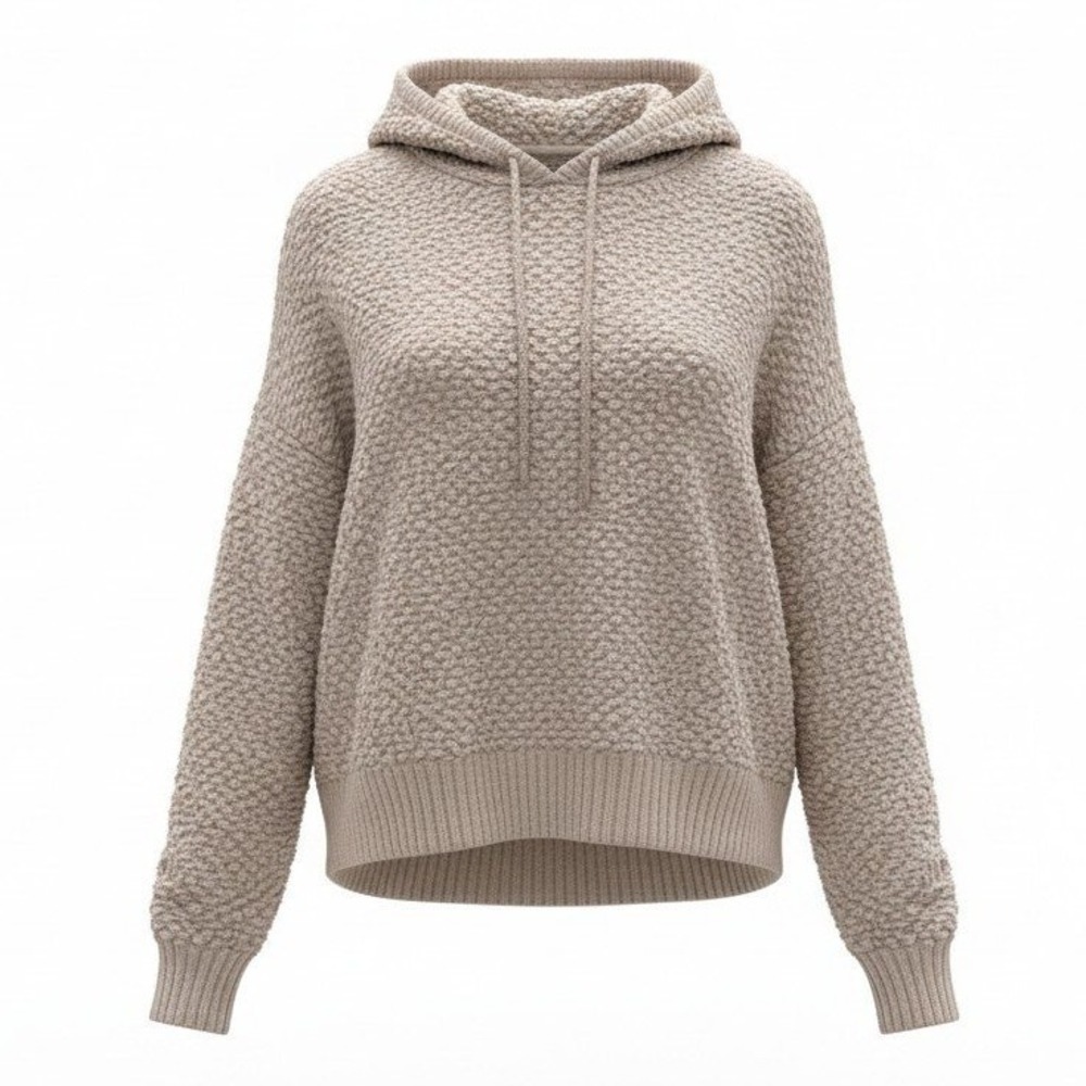 POL Women Hoodie M Taupe Oversized Textured Pullover Boho Cozy Popcorn Knit